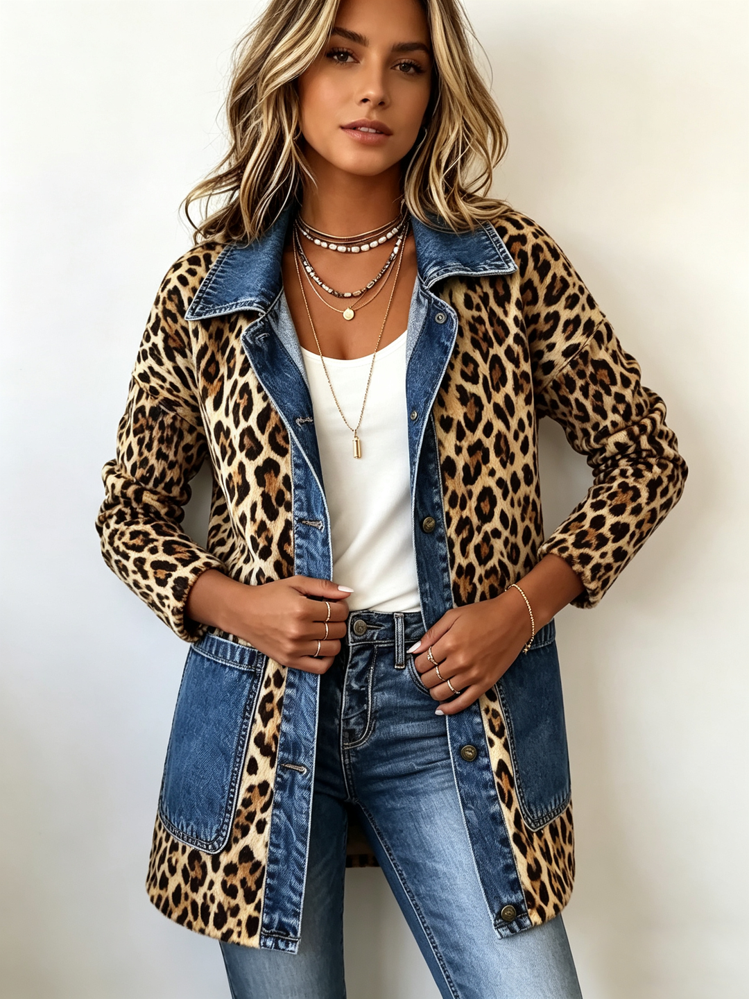 Marieke | Lange contrastjas met luipaardprint en denimdetails