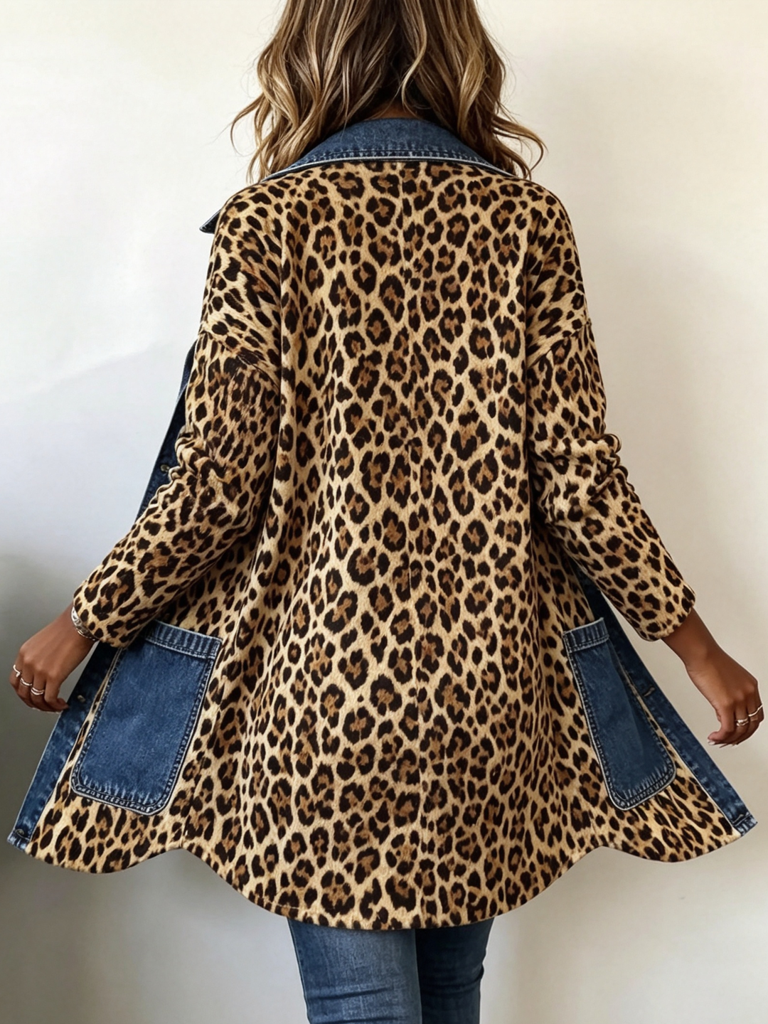 Marieke | Lange contrastjas met luipaardprint en denimdetails
