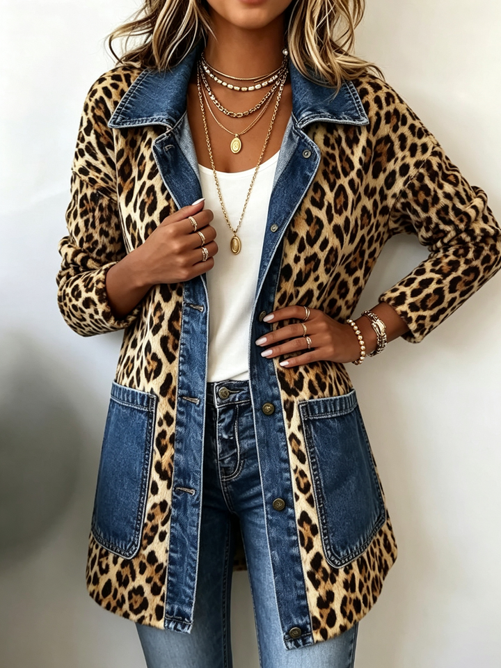 Marieke | Lange contrastjas met luipaardprint en denimdetails