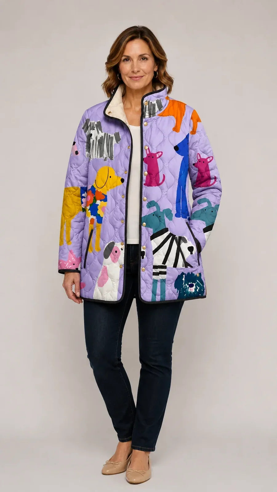 Rhea | Casual gequilte jas met hondenprint